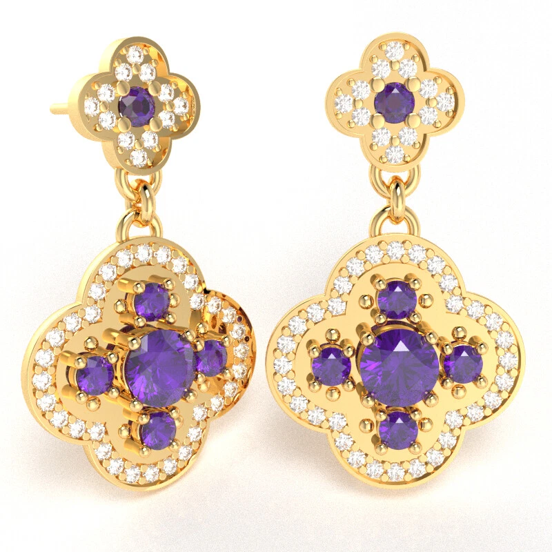 Shamrock Clover Flower Leaf Amethyst Diamond Earrings In 14k Gold - Image 4 of 4