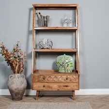 Elm Home and Garden Mango Wood Two Drawer Ladder Bookcase 2 Shelves Display Unit