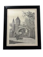 Vintage Lithograph House Drawn Cart Mansion Castle Signed Marc