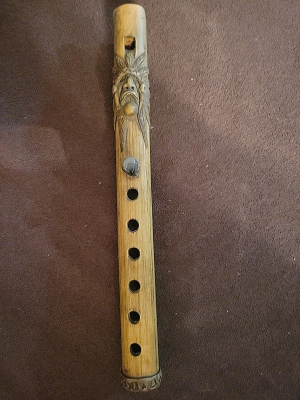 Vintage SERENITY NATURAL BAMBOO FLUTE With Carved Tribal Flute & Odd Gem Stone..