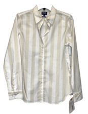 Medium Chaps Shirt Women Cream & White Stripe Long Sleeve Cotton Dress Button