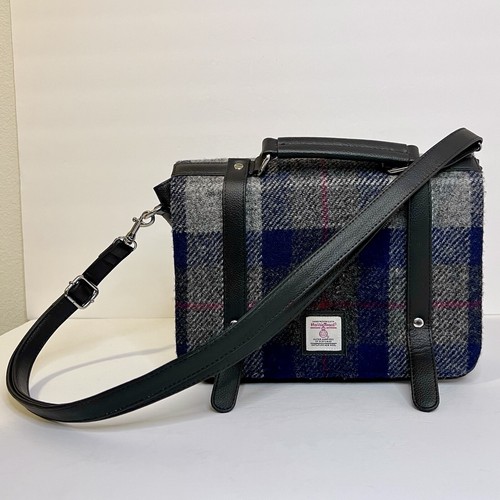 Harris Tweed Mini Messenger Bag Navy Plaid Zipped Pockets Shoulder Strap Wool - Picture 15 of 16