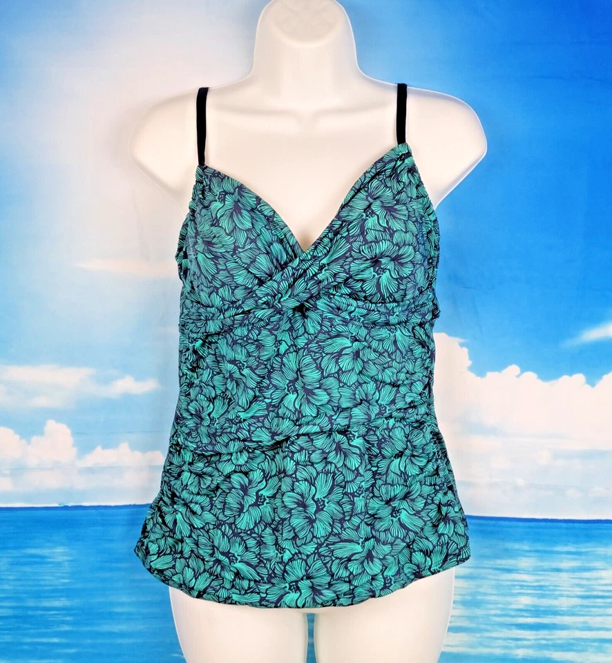 Traje de baño MERONA AZUL MARINO/VERDE Tankini Top para mujer correas ajustables talla Lg Foto 2 de 4