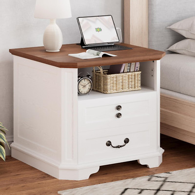 Night Stand 23.4'' Farmhouse End Table with Charging Station, Large Sofa Side Tab