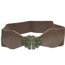 Women's Belt Medium Brown Wide Elastic Cinch Gold Floral Buckle Stretch Ladies