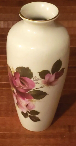 Jarrón de porcelana Pickard China decorado a mano rosas moradas borde dorado de 7,5" de alto - Imagen 2 de 6