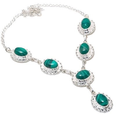 Collier Argent 925 Malachite Verte Fait Main - Fermoir Crochet, Longueur 18 Pouces, Inde