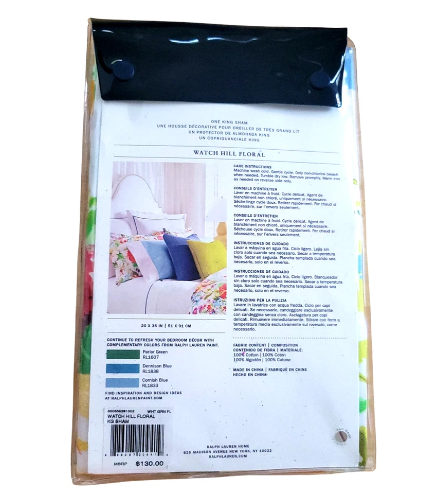 (1) Nuevo en Paquete Ralph Lauren RELOJ COLINA FLORAL *REY* Almohada de Algodón Falsa NUEVO $130 Foto 2 de 4