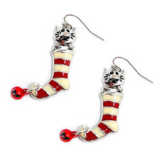 Christmas Stocking Dangle Drop Earrings Silver