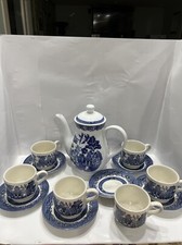14pc Churchill England Blue Willow Coffee/Tea Pot With Cups  Saucers Set. A2460