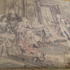 19th C French Tapestry Framed Salon Scene Gold Gilt Wood frame 20 X 20 Antique