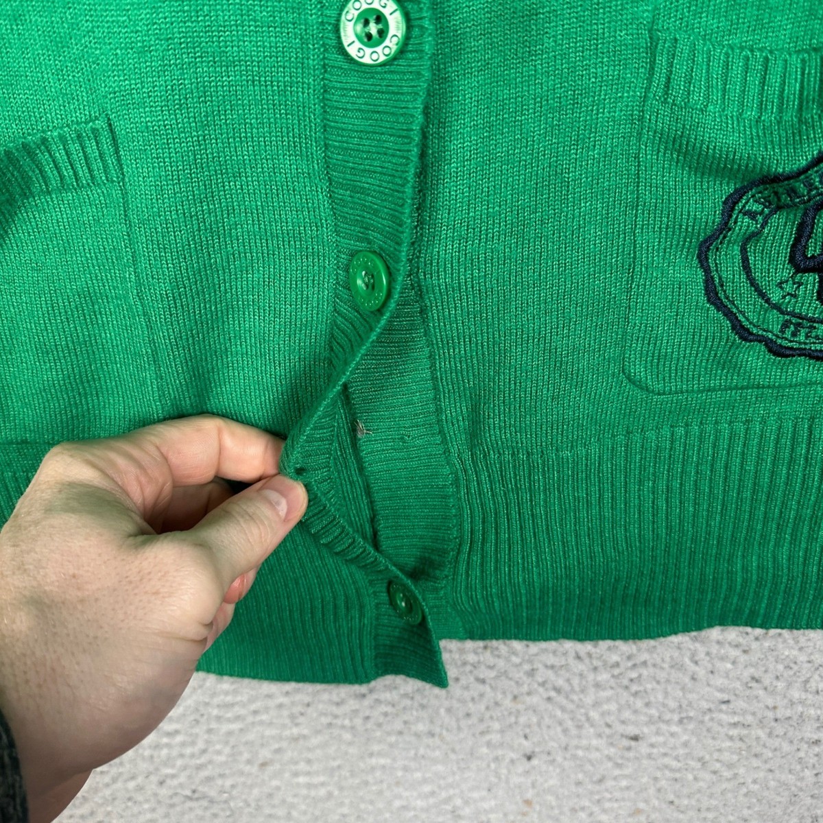 Coogi Mens Green Graphic Cardigan Sweater Varsity Letterman 