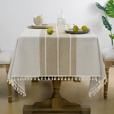 Outdoor Linen Tablecloth Rectangle, Waterproof Cotton Boho Farmhouse Table Cl...