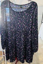 Wild Fable Tiered Navy Pink White Floral Mini Dress Balloon Long Sleeve Ruffle L