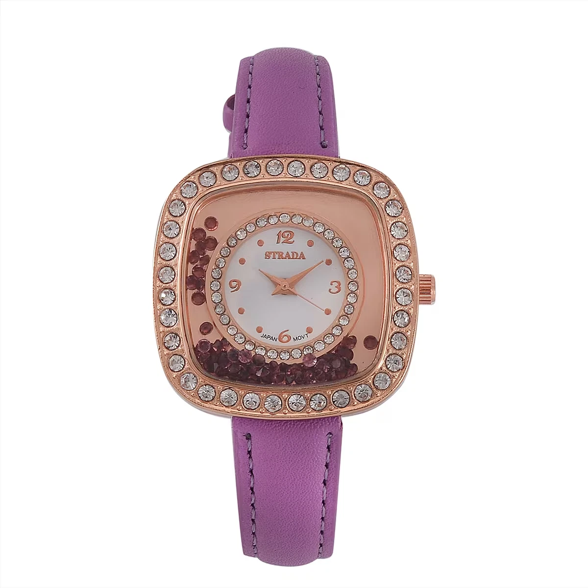 NEW STRADA Quartz Rose Gold Tone Crystal Bezel Pink Silicone Band Women\'s‎ Watch Cute Strada watch. Has purple band and rose gold tone case  main image 3