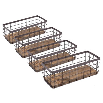 Small Metal Wire Storage Basket, Detachable Wood Base Storage Organizer Bin B...