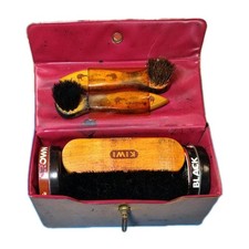 Vintage 1960's Kiwi Shoe Shine Kit 4 Horsehair Brushes Black Brown Polish Case