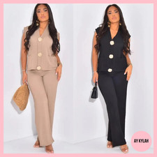 Women's Co-Ord V Neck Gold Button Textured Waffle Two Piece Ladies Set Plus Size