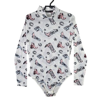 Womens Cowgirl Western Novalty Print Mesh Bodysuit Snap Closure Long Sleeve S