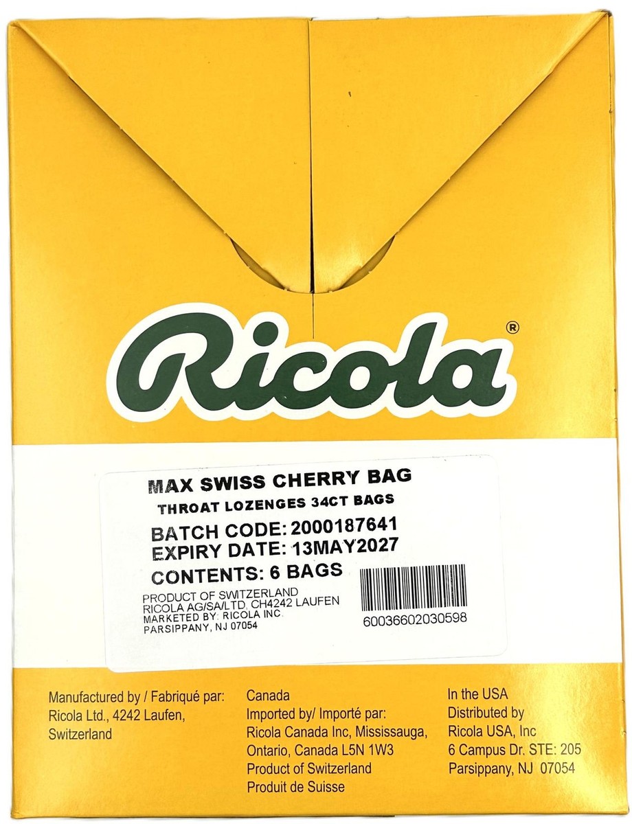 Ricola Max Swiss Cherry Throat Lozenges 34ct bags (6-Pack) EXP: 05