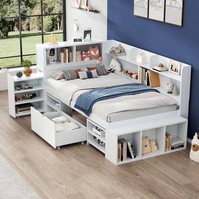 Multifunctional Kids Bed with Storage Drawers & Shelves White