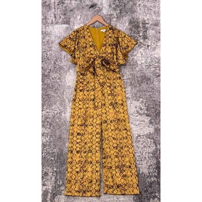 Anthropologie Jumpsuit Medium Womens Current Air Yellow Reptile Tie Front