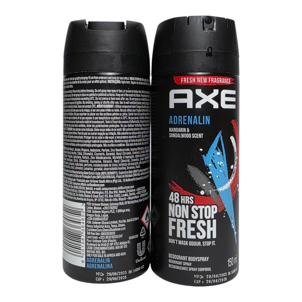 6 Pack Axe Adrenalin Deodorant Body Spray 48H Non Stop Fresh 150ml Free Shipping