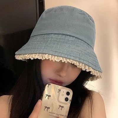 Bucket Hat for Women, Cute Lace Wide Brim Denim Sun Hat for Summer Light Blue