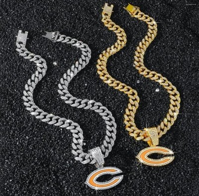 Chicago Bears C Iced Out Pendant Cuban Link Chain Gold Silver Fan Jewelry