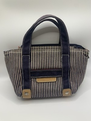 Vintage Black Striped Tommy Hilfiger mini Handbag Tote Bag.with Blue Handles