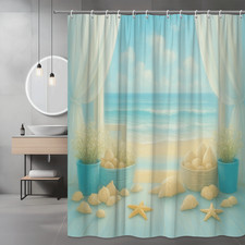 Beach Themed Shower Curtain with Seashells and Ocean View