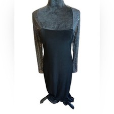 JS Boutique Black Evening Gown Size 10 Velvet Beaded Sheer Sleeve Formal Dress