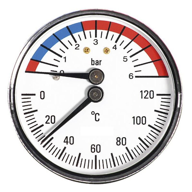 63mm 0-6bar 0-120C Thermo Pressure Gauge 1/2"" BSP Rear Entry Manometer