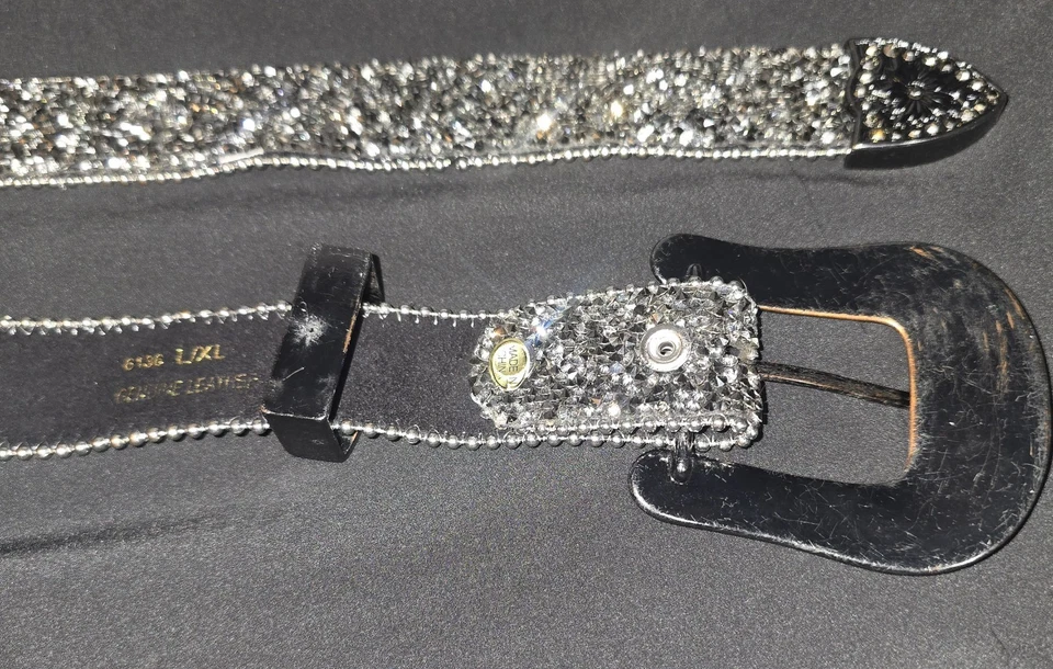 Cinturón y hebilla con cuentas negras y plateadas con estrás de cuero occidental para mujer L/XL * Foto 3 de 4