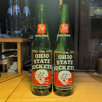 Lot x2 OSU Ohio State Buckeyes Vintage 1973 ACL 7up Soda Bottles 16oz NCAA