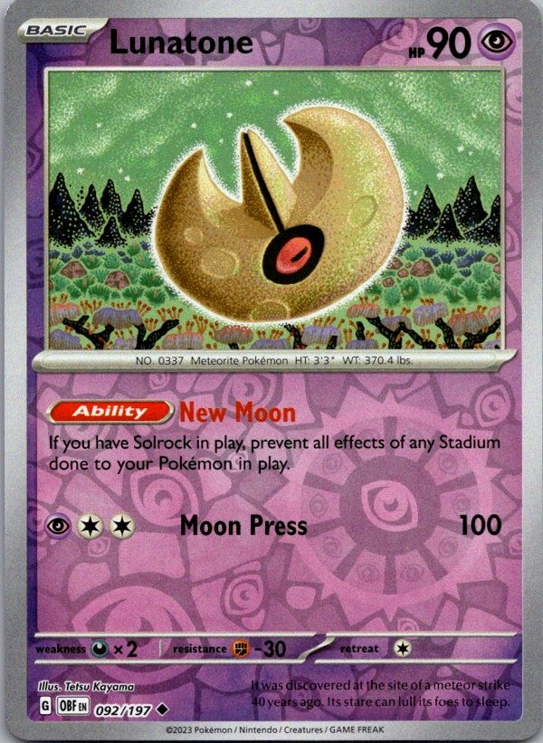 LUNATONE 092/197 OBSIDIAN FLAMES REVERSE HOLO POKEMON