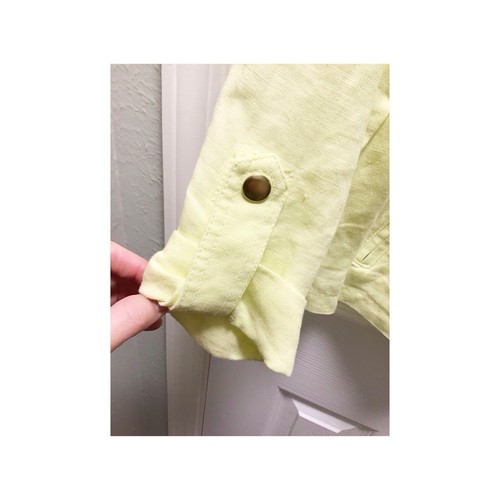 Chicos 100% Linen Yellow Jacket Size Medium / 1 Roll Tab Sleeves Open Front - Picture 5 of 9