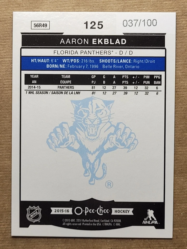 2015/16 O-PEE-CHEE Aaron Ekblad ALL-STAR BLACK FOIL RAINBOW SP /100 #125 - Image 3 of 3
