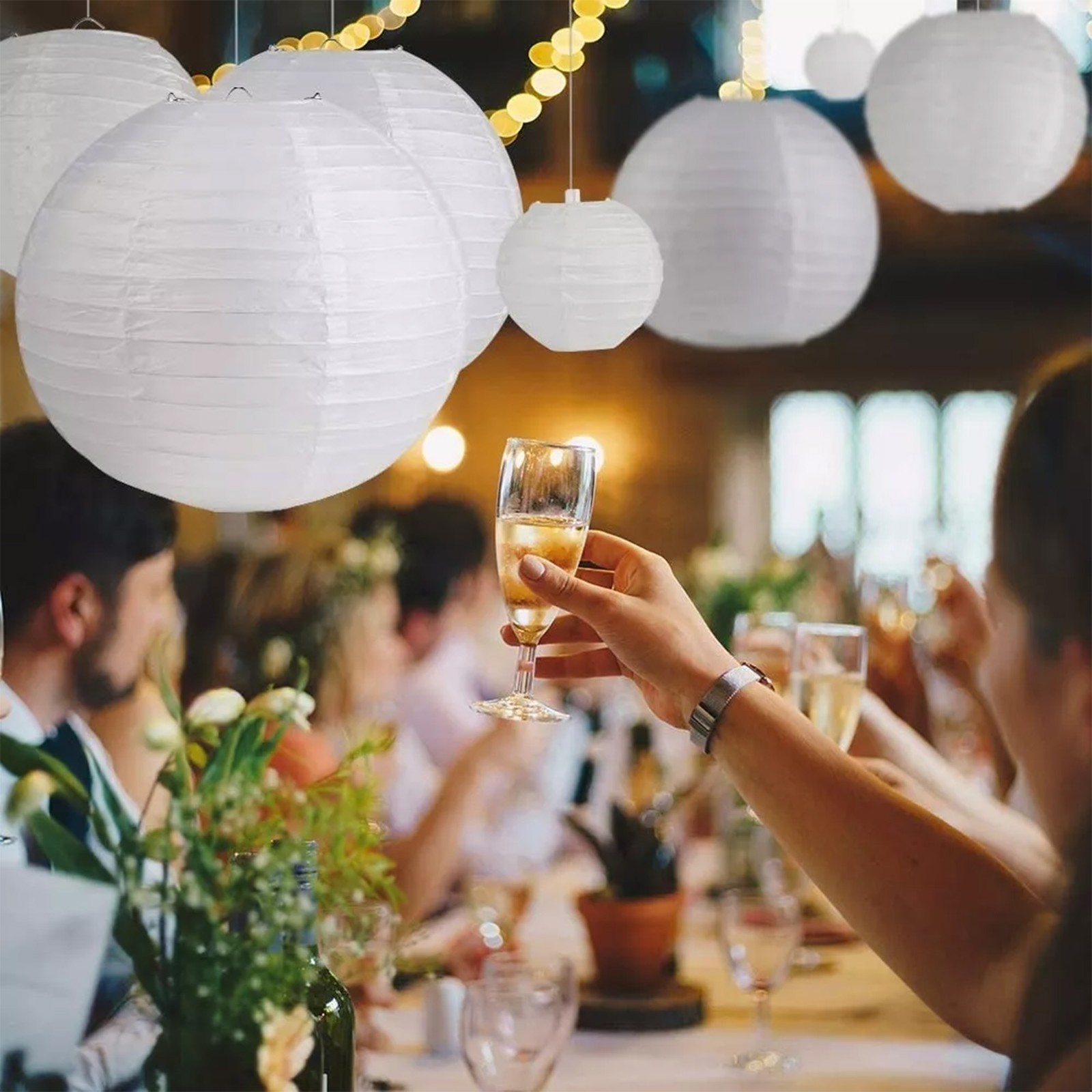 Chinese White Paper Lantern Decorative Round Paper Lanterns With 10 LED Lights