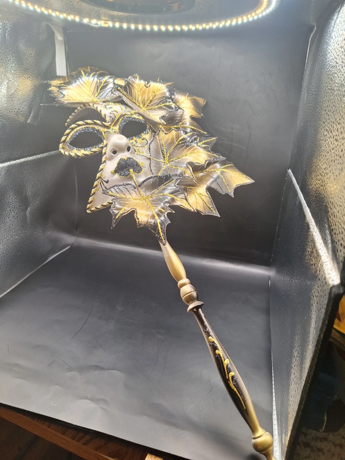 Venetian Mask Gold Black Glitter W Leaves And Handle, Made In Italy.