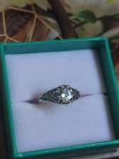 Sterling Vintage Size 7 Blue Topaz Filigree Ring Hand Created Oval Brilliant Cut