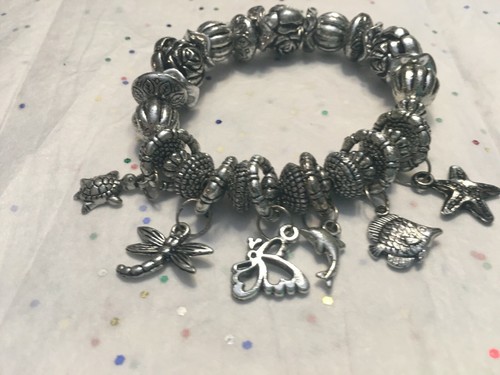 OCEAN SEA THEME Bead Silver Stretch Big Bracelet Dolphin Starfish Turtle - Picture 3 of 7