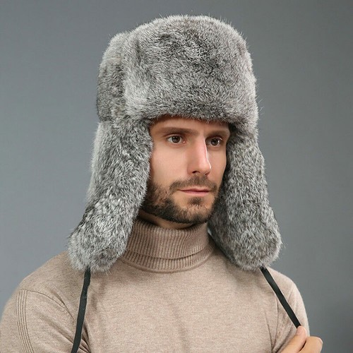 Mens Rabbit Fur Hat Ushanka Trapper Earmuffs Ski Cap Fashion Comfy Winter Warm - Picture 15 of 21