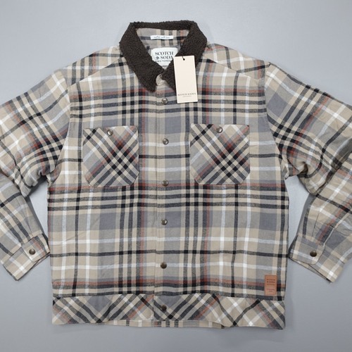Scotch & Soda Men's Sherpa Lined Plaid Flannel Jacket Mocha Relaxed Fit $180 - Picture 2 of 10