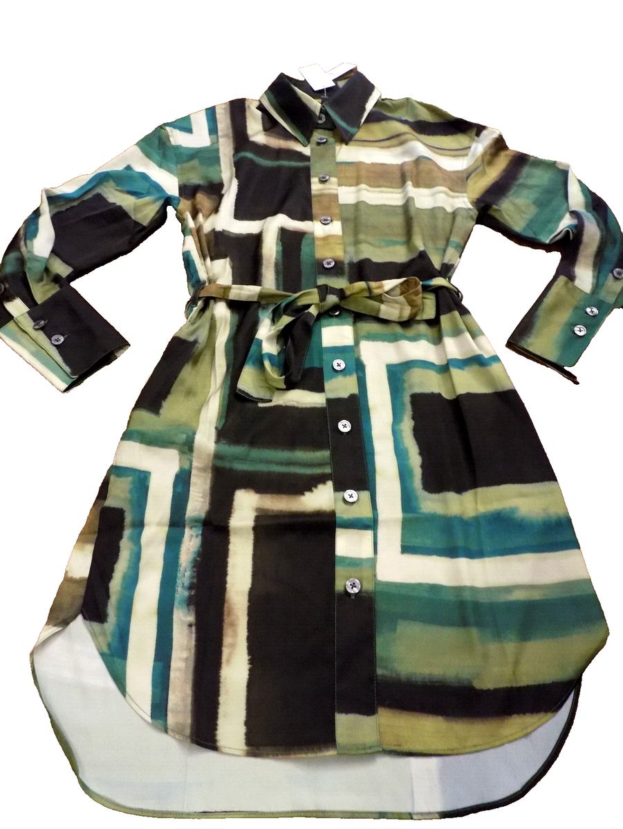 belted teal and black shirt dress Belted Ruffle-Detail Shirt Dress in Black Watch Supima Cotton