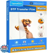Yamation DTF Transfer Film: A3 50 Sheets Premium Double-Sided Matte Finish PE