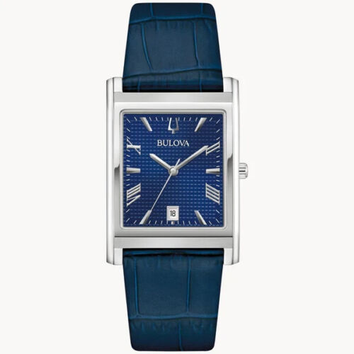 Men's Bulova Sutton Blue Leather Strap Watch with Rectangular Blue Dial