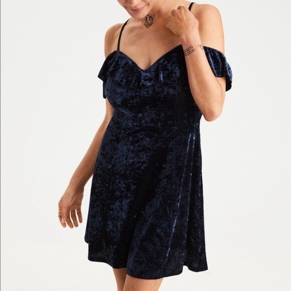 American Eagle Outfitters Navy Blue Velvet Babydoll Dress Sz M Y2K  Whimsigoth