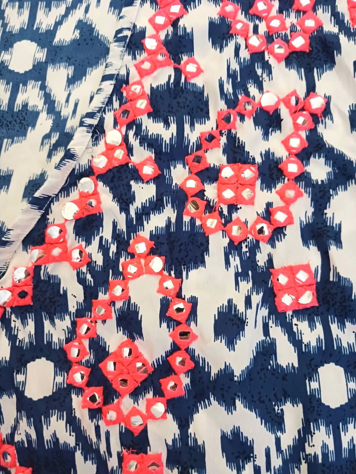 Beaches & Boho Swim Cover Up Blue Ikat Coral Tassel Fringe S/M eBay