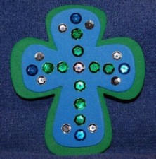 Blue and Green Cross with Sequins, Foam Refrigerator Magnet, Made in the USA